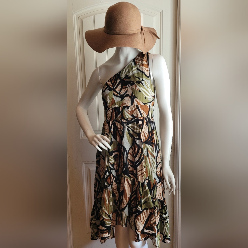 Audrey Parks Green Tan Black One Shoulder Sun Dress S